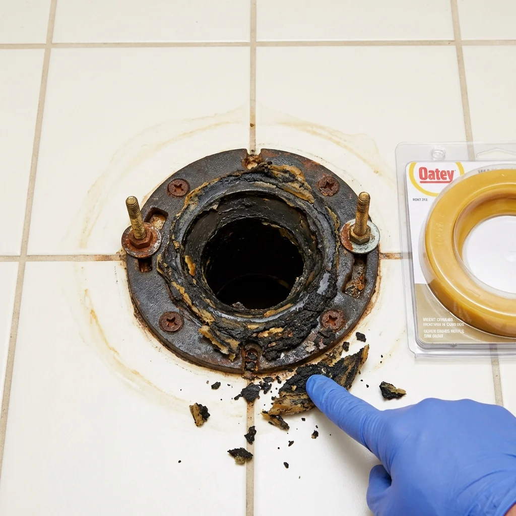 Failed wax ring showing water seepage at the base of a toilet in a Alliance, OH home